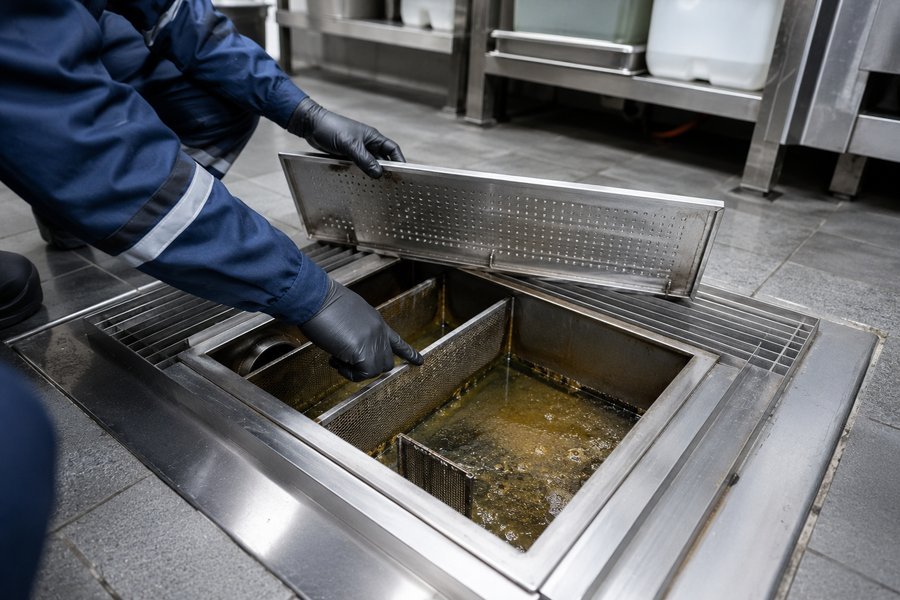 Yamich reinigt een vetafscheider in een horecakeuken in Antwerpen